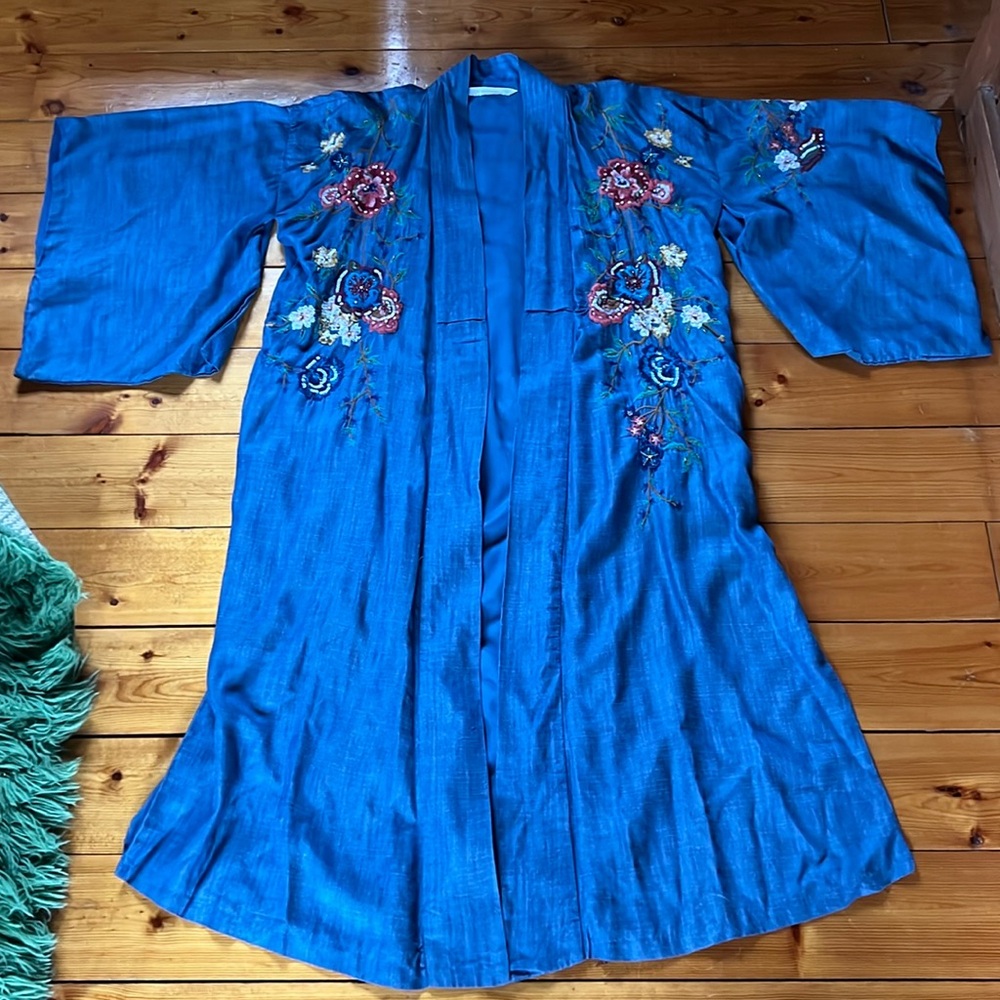 Zara Blue Cotton Denim Floral Embroidered Kimono w/ Chiffon Lining.